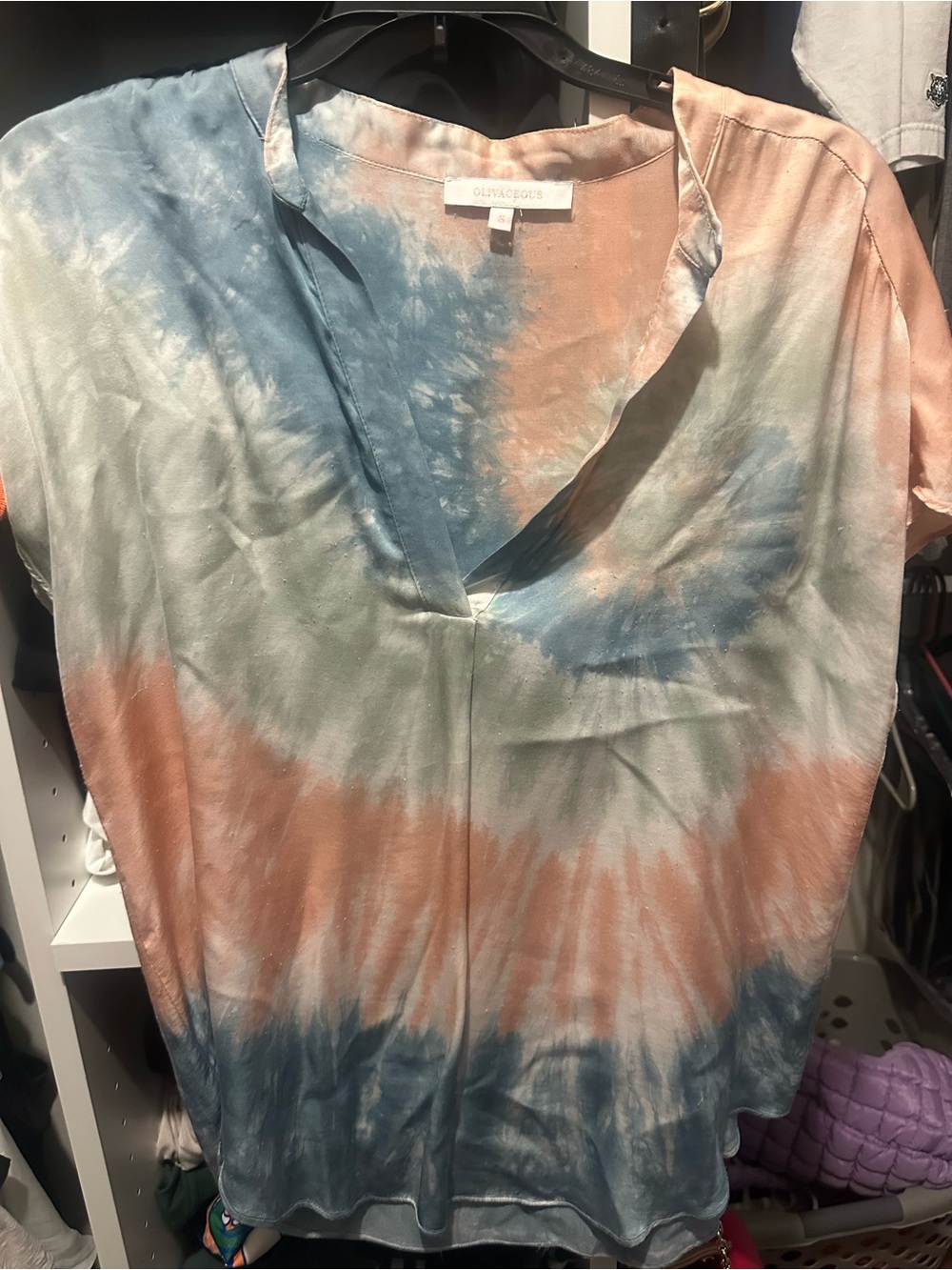 Olivaceous Tie-Dye V-Neck Blouse in Blue and Peach